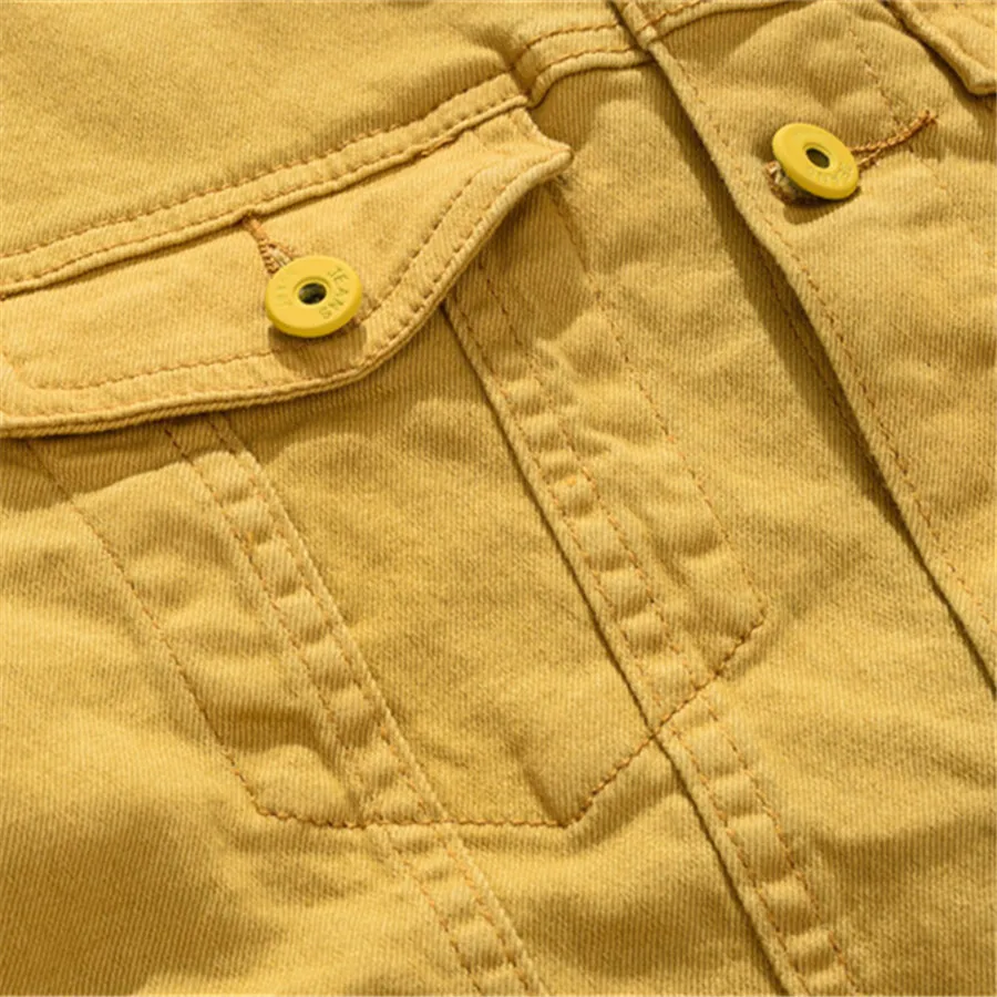สีเหลือง DENIM แจ็คเก็ตผู้ชายสีทึบกางเกงยีนส์แจ็คเก็ต SLIM FIT เสื้อแฟชั่นคาวบอย Streetwear ฤดูใบไม้ผลิฤดูใบไม้ร่วง Hip Hop เสื้อผ้าผู้ชาย