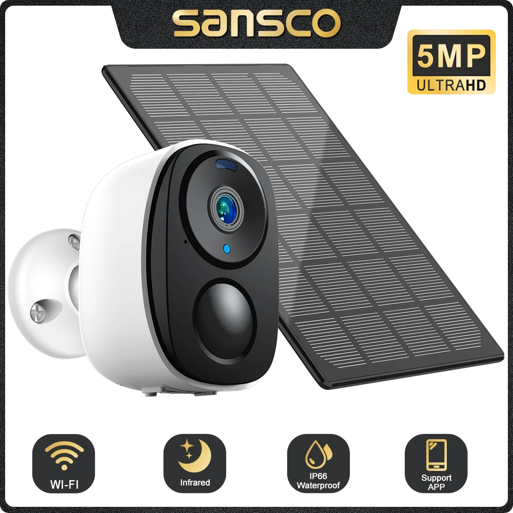 

SANSCO 5MP 110° Wide Angle Solar WIFI Surveillance Camera PIR Motion Detection Outdoor Wireless Battery Security Protection CCTV