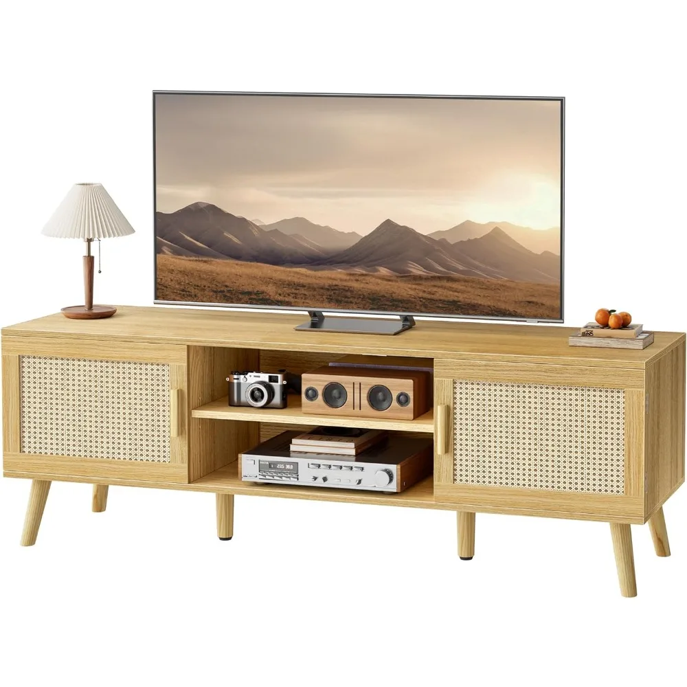 

4 Cord Holes Home Furniture for Tv Solid Wood Feet Rattan TV Console With 2 Cabinets Entertainment Center With Adjustable Shelf