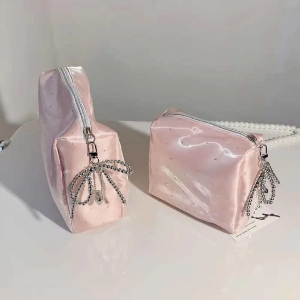 Luxury Sequin Cosmetic Bag Zipper Portable Cosmetic Organizer Large Capacity Beaded Bowknot Rhinestone Handbag Travel Use