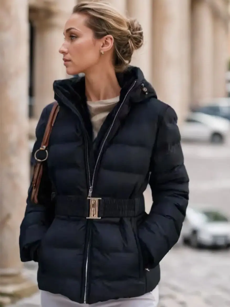 

Womens Winter Hooded Waterproof Slim Fit Padded Sports Parkas Coats Belt Lady Elegant Thick Warm Zipper Windproof Skiing Jackets