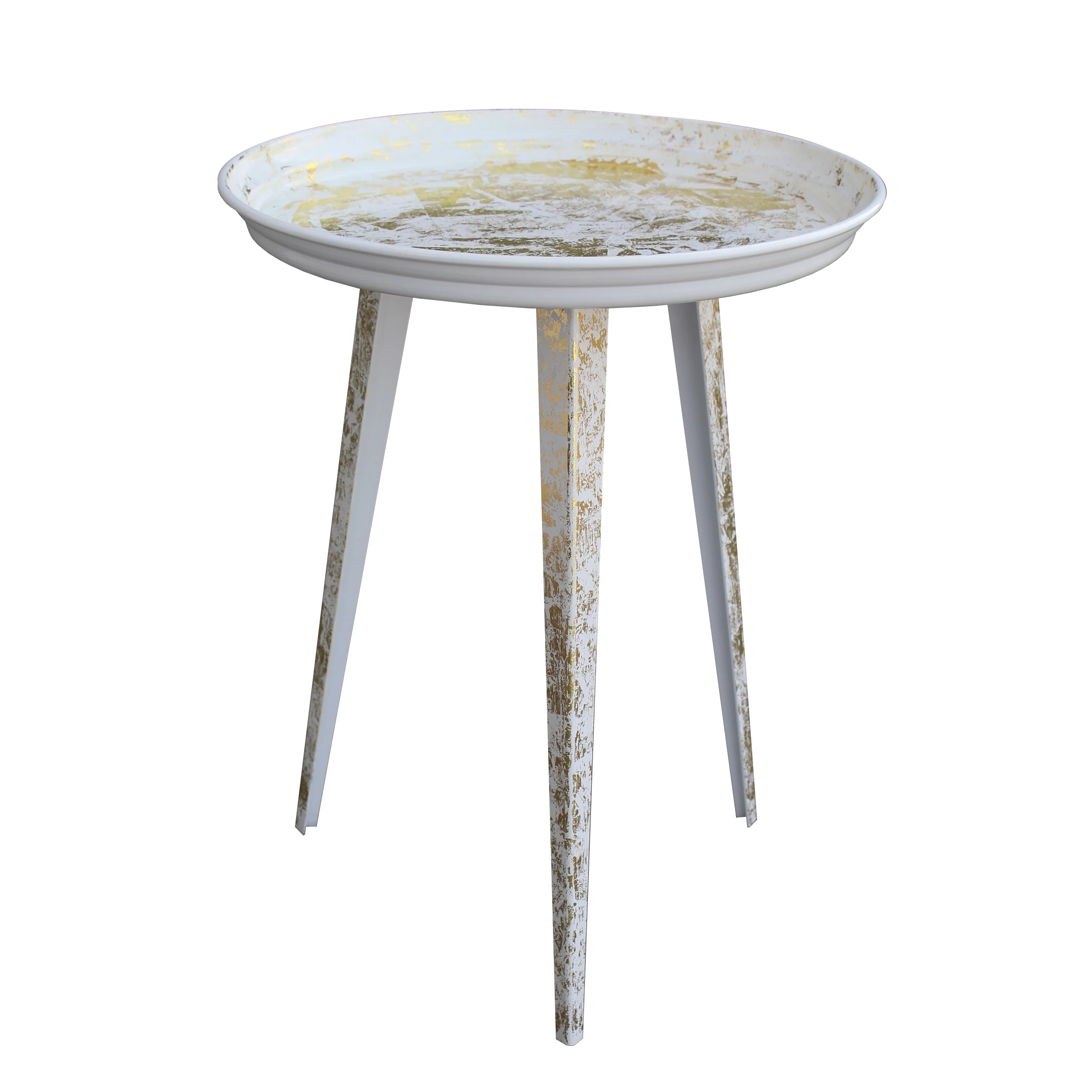 

20 Inch Artisanal Industrial Round Tray Top Iron Side End Table, Tripod Base, Distressed White, Gold