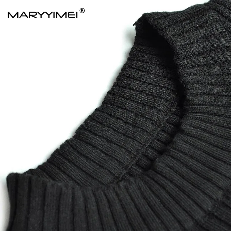 Imagem -04 - Maryyyimei-vestido Feminino de Malha Comprida Vestidos Pretos Patchwork Lace up Jacquard Outono Moda Inverno