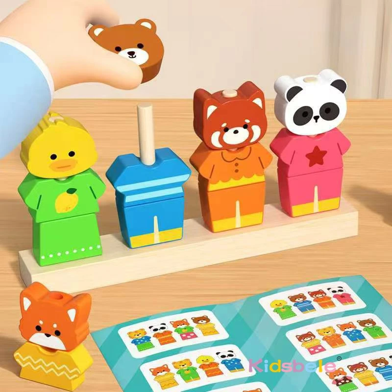 몬테소리 나무 동물 스태킹 및 드레스 블록 교육 장난감 어린이를위한 다채로운 퍼즐 상상력 놀이