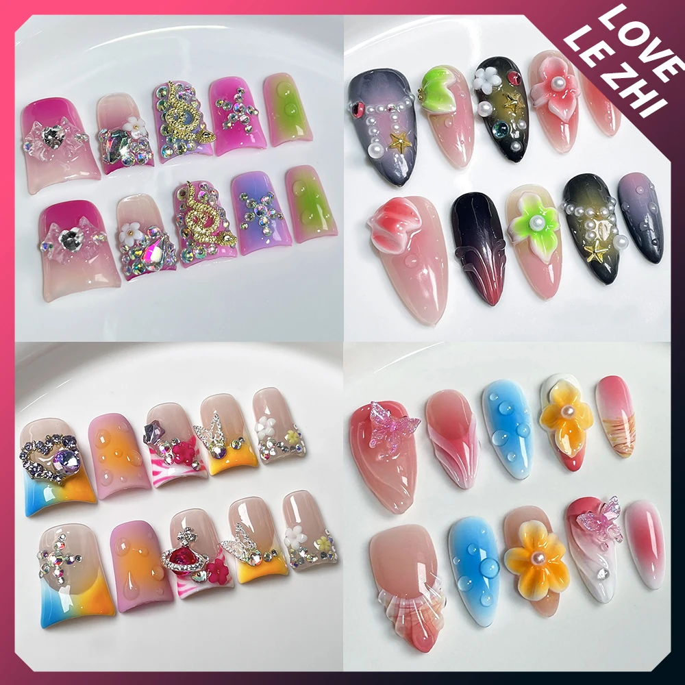 10Pcs Short Almond Duckbill Handmade Press On Nail 3D Flower Series Bow Flash Diamond Spice Girls Artificial Wearable Nail Tips