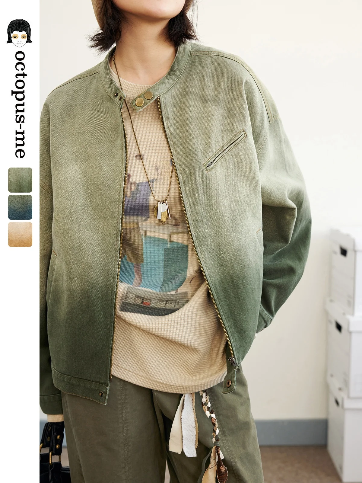 

Octopusme ort adient Denim Jaet Retro Sle Men's Casual Coat Cotton 00% round Ne Zipper Closure No Hat Daily Wear