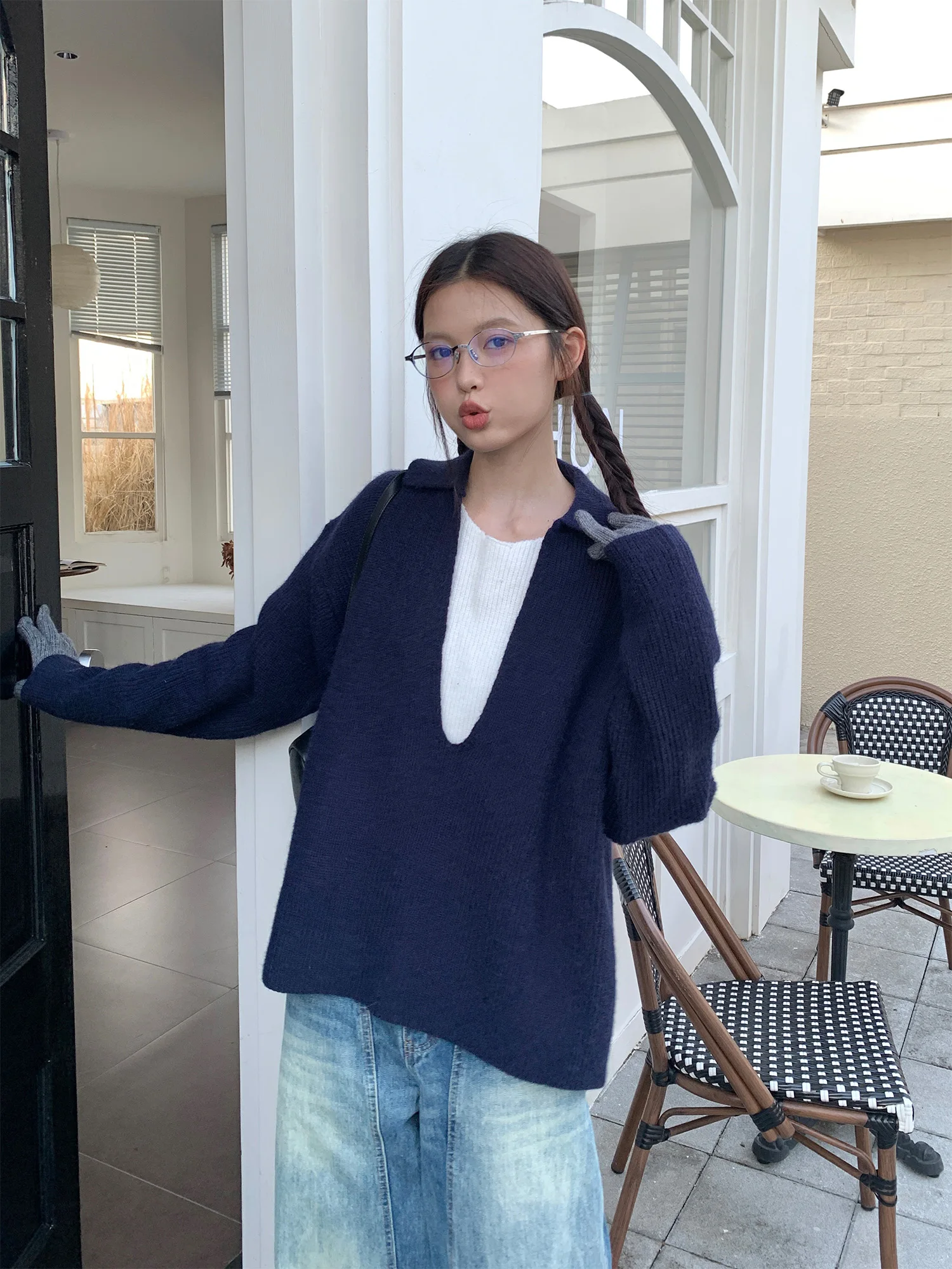 

Loose Fit V-Ne Knitted Sweater Casual Women's Autumn Top Thi Warm Long Sve Color PPBCF Blue Large V-Ne Pattern