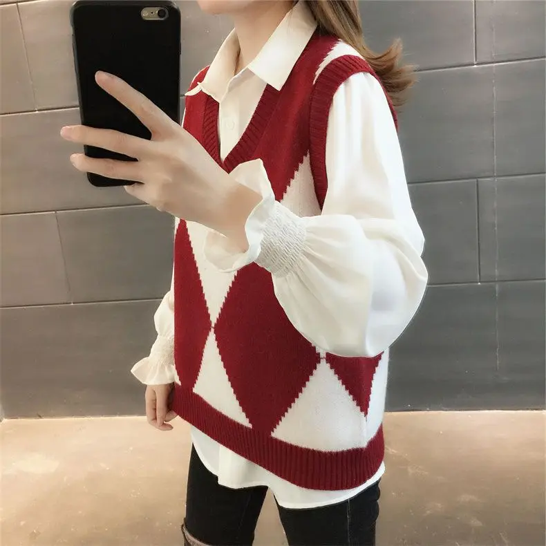 V-neck Sweater Vest Women's Casual Knit Shirt Student Sweet Retro  Spring and Autumn School Classic  Clothing X271