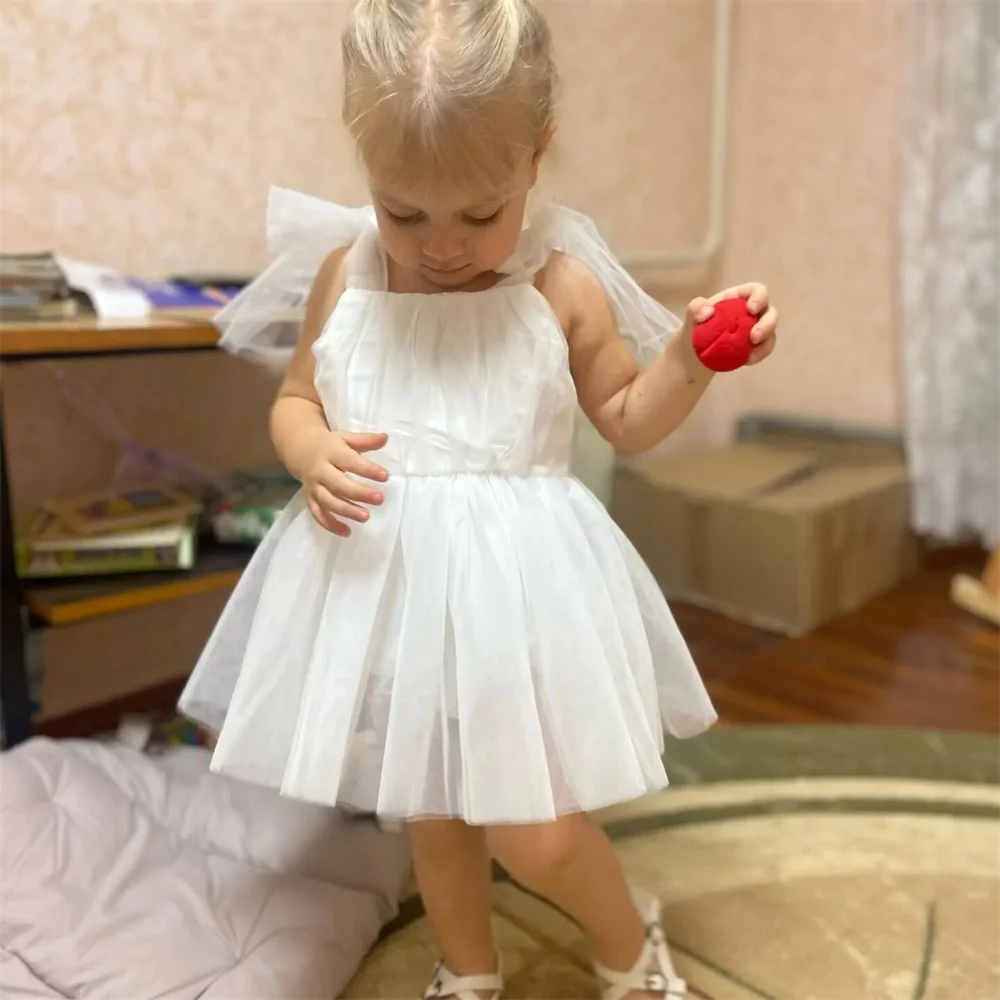 Soft Tulle Baby Bowknot Strap Romper White Mesh Dress 0-24Months Infant Summer Backless Jumpsuit Newborn Photography Outfits