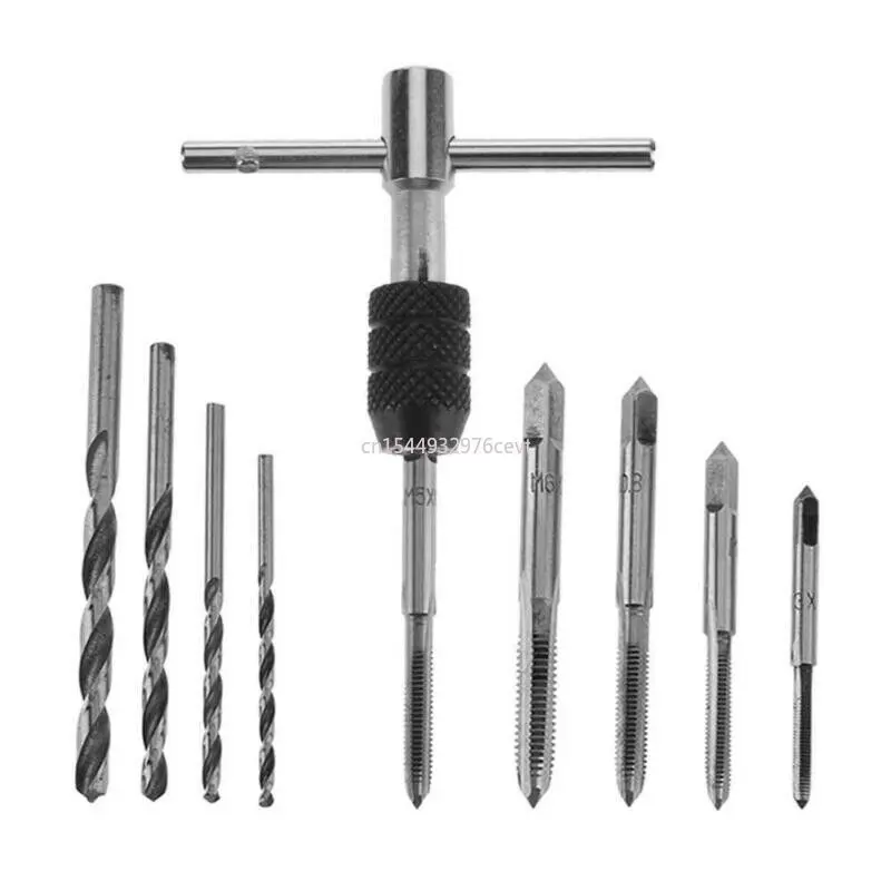 For Wood Soft Metal Aluminum PCB 9pc Hand Tap Set M2 Twist Drill Bits T-Handle Wrench hread Reamer M3-M6 Taps  hand drill screws