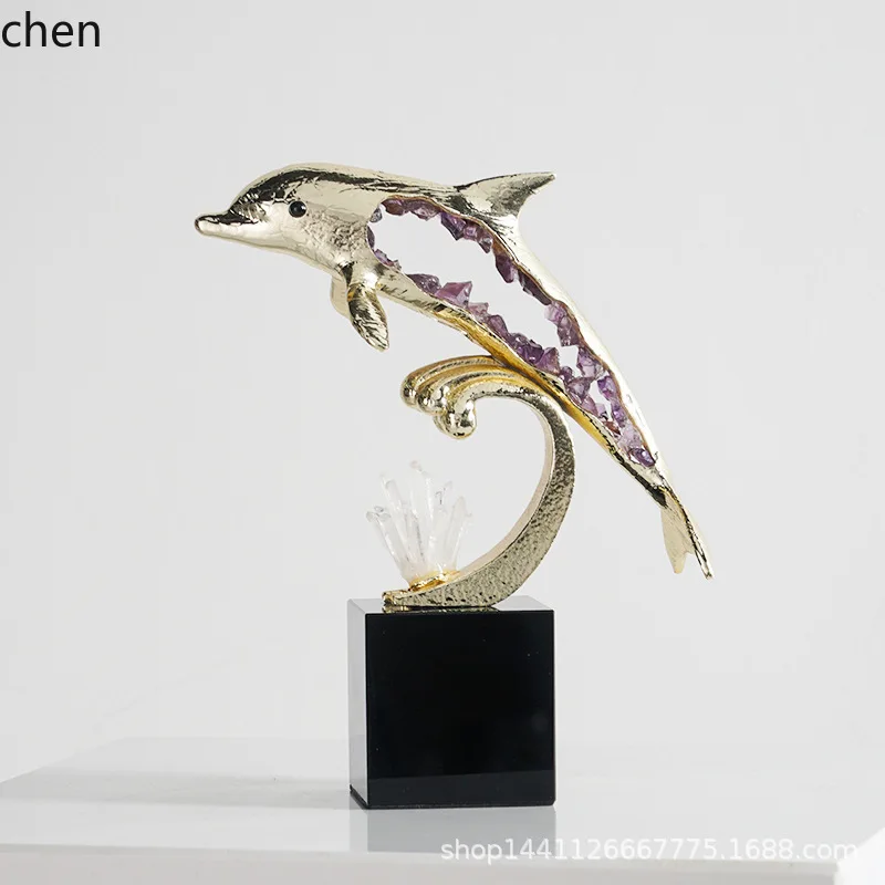 HT High-End Wealth-Attracting Crystal Dolphin Living Room Entrance TV Cabinet Housewarming Gift Decoration Home Ornament