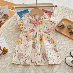 Summer Baby Girl Chinese Dress Sweet Flower Little Rabbit Printed Flying Sleeves Princess Dress Suitable for 0-4 Years Old