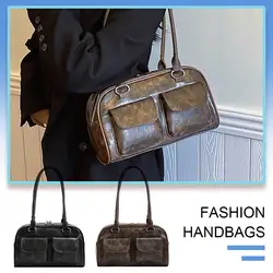 Women Vintage Shoulder Bag Double Pocket PU Single Shoulder Bag Solid Color Stylish Underarm Bags Large Capacity Retro Handbag