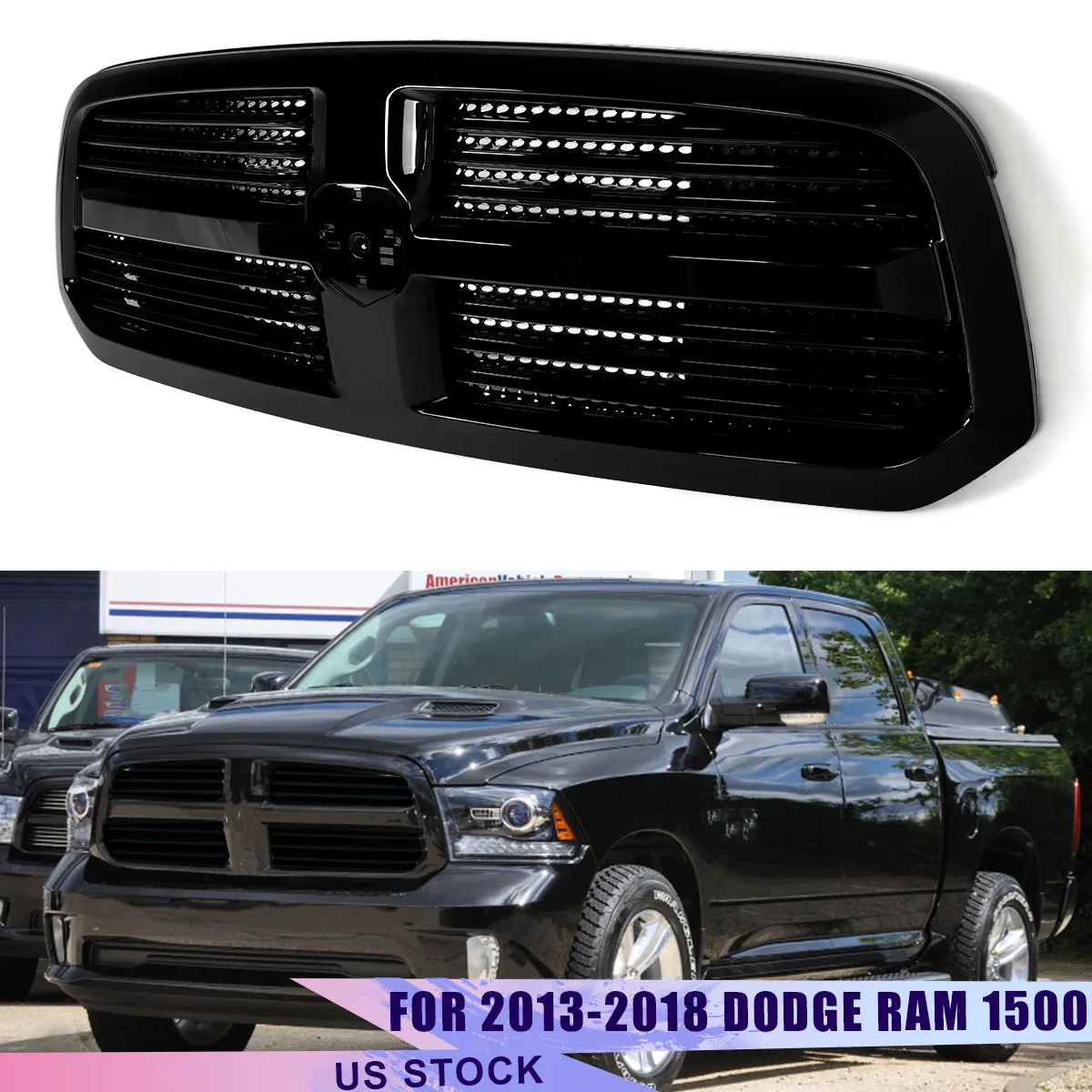 

Glossy Black Front Grille For Dodge RAM 1500 Big Horn Style 2013-2018 Front Bumper Grille Upper Grid Grille Radiator Mesh Grills