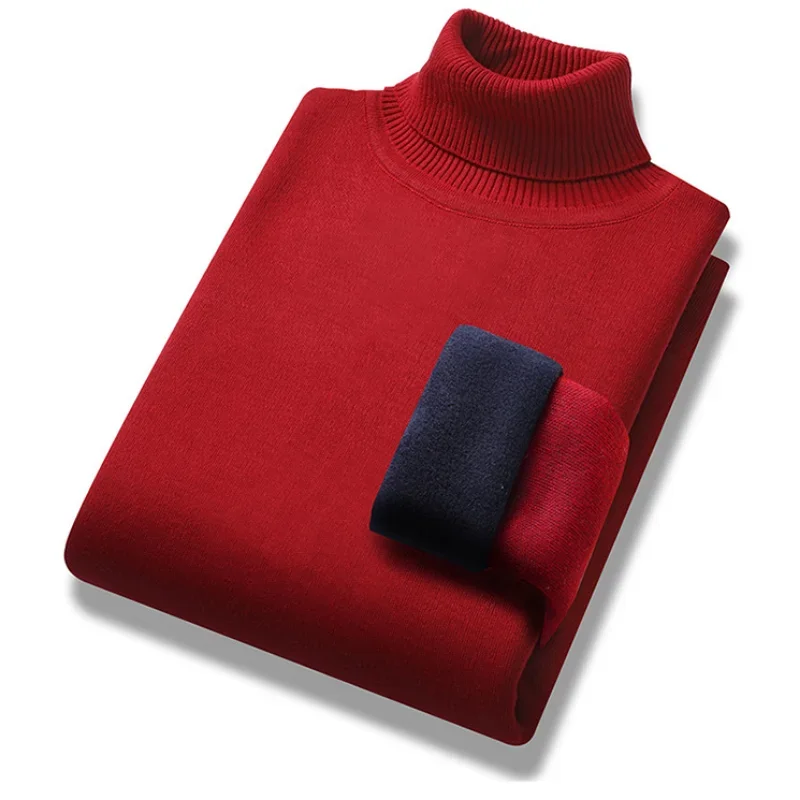 Winter Thick Fleece Turtleneck Sweater Solid Color Casual Slim Long Sleeve Warm Knit Sweater Classic Shirt Pullovers