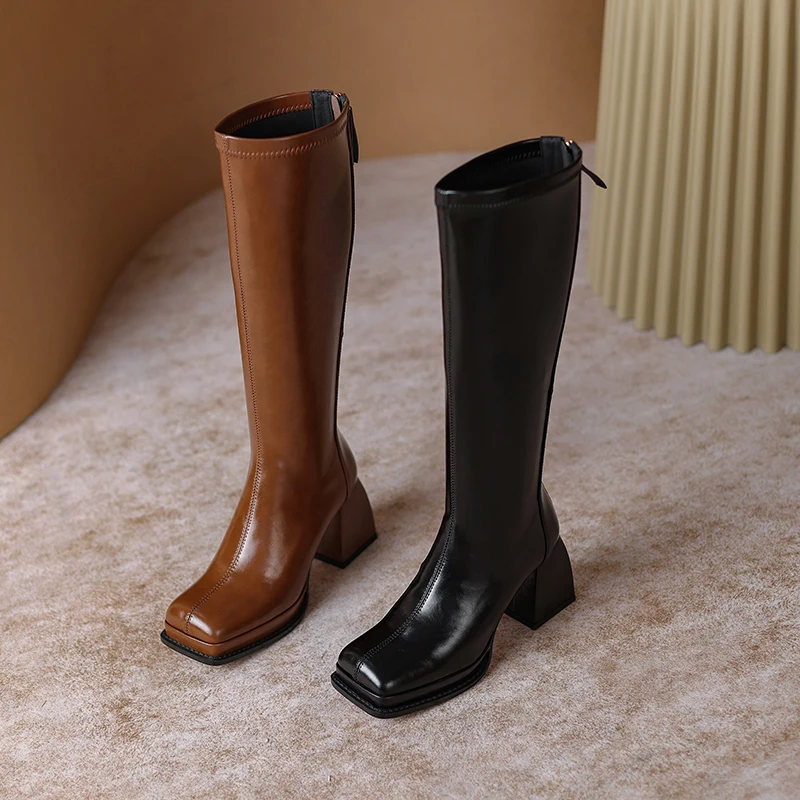 Taoffen New 2023 Women Knee Boots Real Leather Strange Heel Winter Woman Shoes Ins Fashion Chic Long Boots Footwear Size 34-39