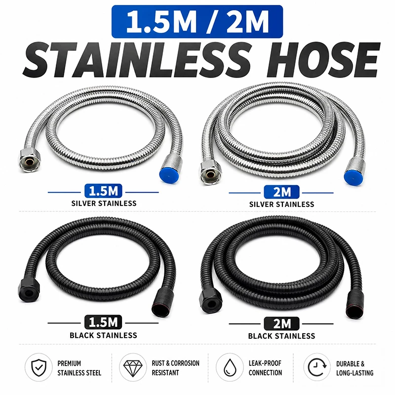 

Stainless Steel Shower Hose 1.5M/2M Flexible Chrome Matte Black Universal G1/2 Connector Explosion-proof Bathroom Water Pipe