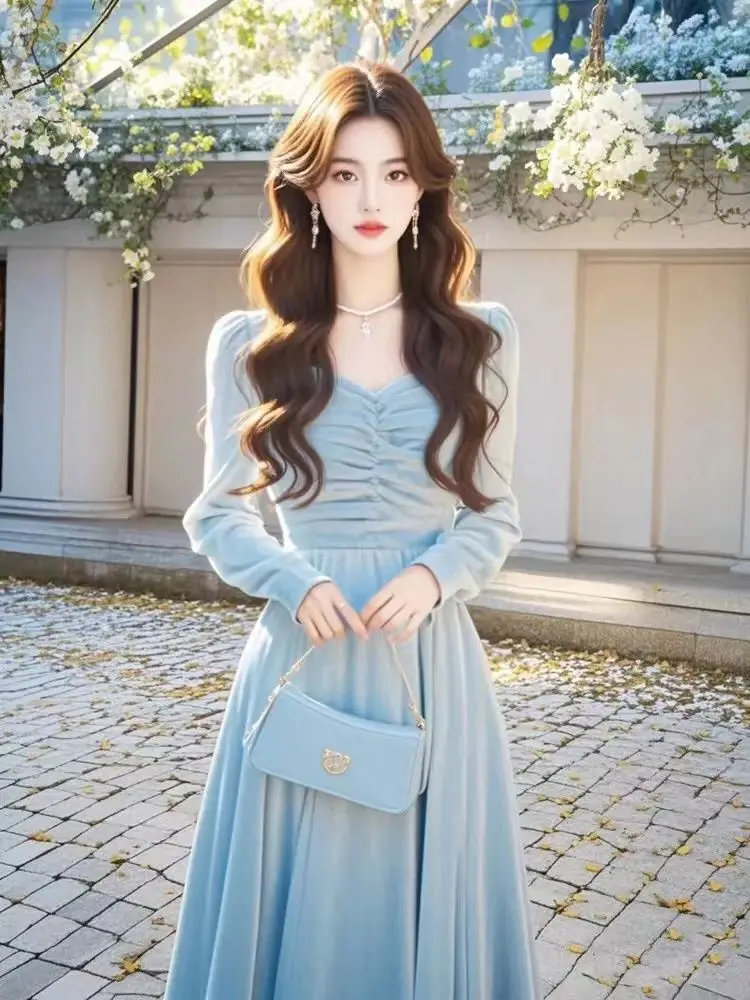 Gagarich Autumn Temperament Long Dress Women Autumn 2024 New Hot Item High-end Feeling Small Fragrance Blue Velvet Vestidos