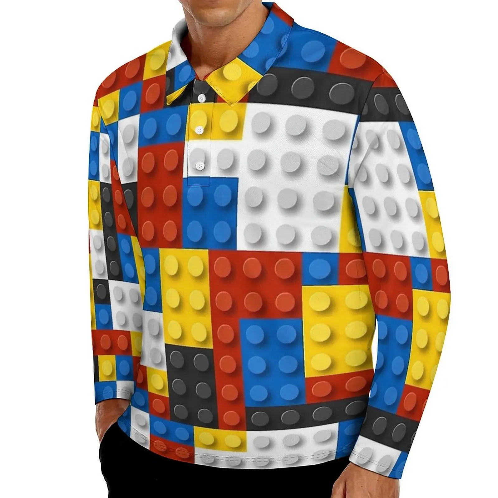 

Mondrian Blocks Polo Shirt Daily De Stijl Modern Art Casual Shirt Long Sleeve Turn-Down Collar Fashion Custom Oversized T-Shirts