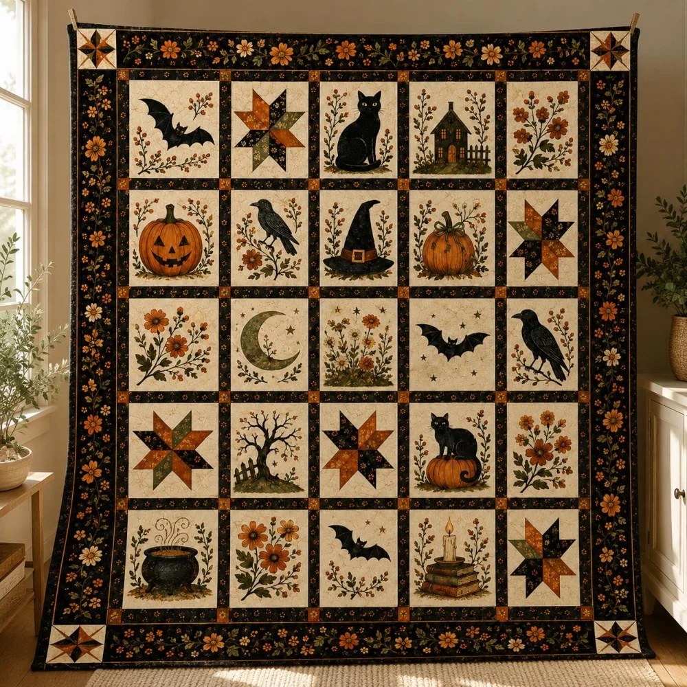 Vintage Halloween Patchwork Throw Blanket Fleece Primitive Quilt Style Black Cat Pumpkin Bat Crow Floral Sofa Bed Home Decor