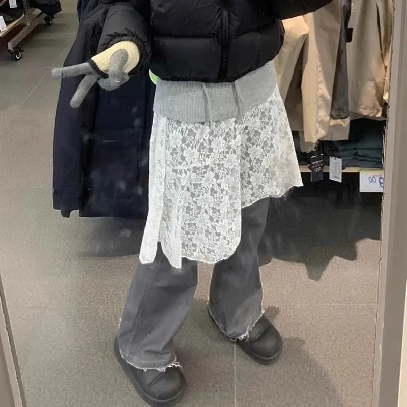 

Корейская нишевая мода Instagram в сочетании с кружевной юбкой средней длины, однотонная повседневная юбка, женская одежда