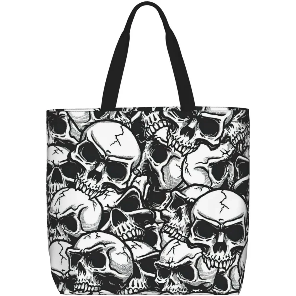 

Skull Print Tote Bag, Reusable Shopping Bag, Large Capacity Zipper Single Shoulder Convenience Bag