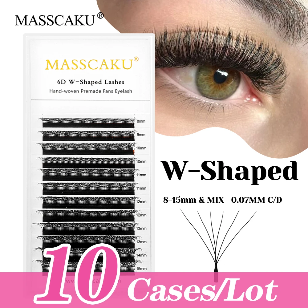 

10cases/lot High Quality MASSCAKU Wispy Multi-texture W Clover Lashes C D Curl Lightweight Matte Black W Shape Lash Easy to Grip