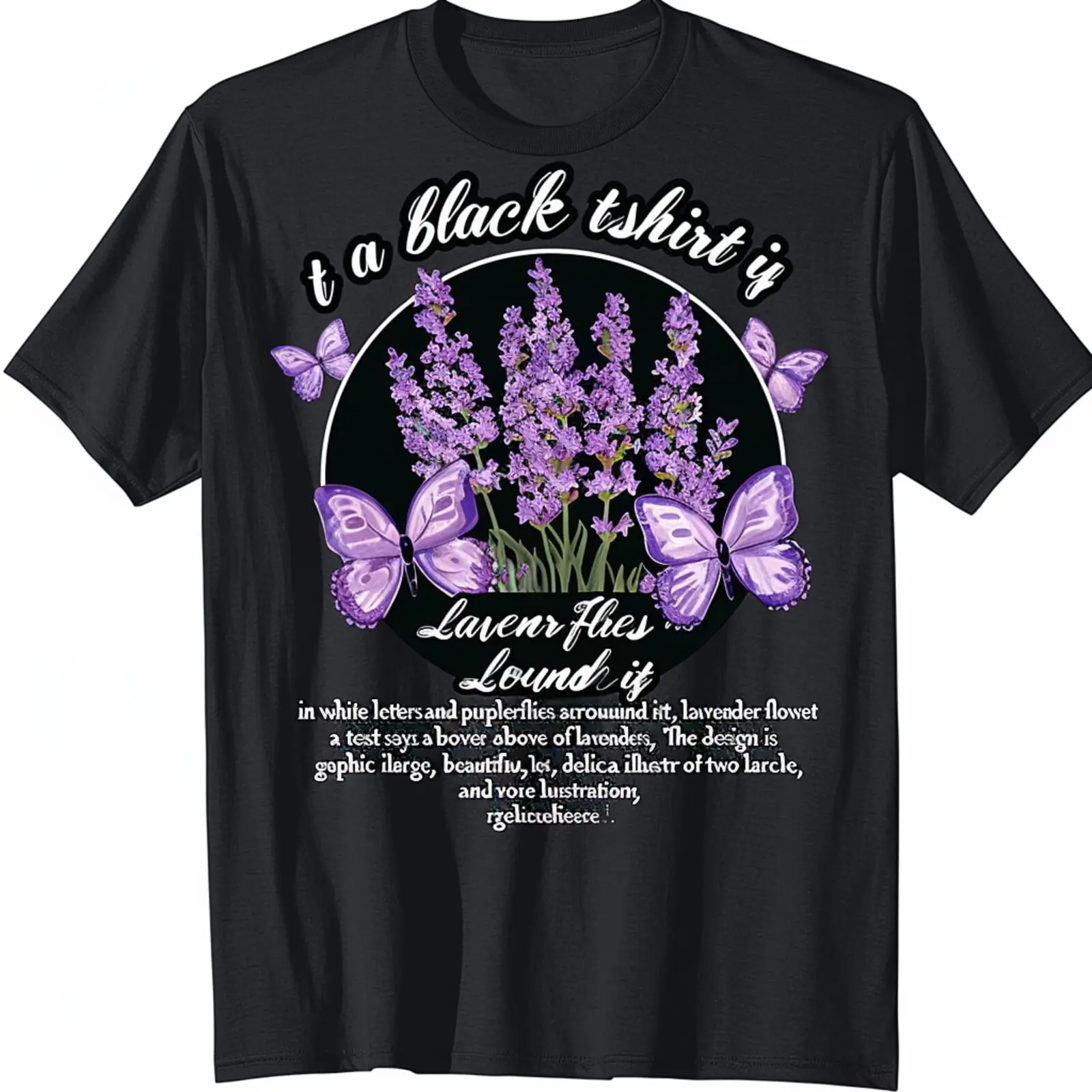 

Lavender Dreams Graphic Tee Floral Design with Elegant Script Black TShirt