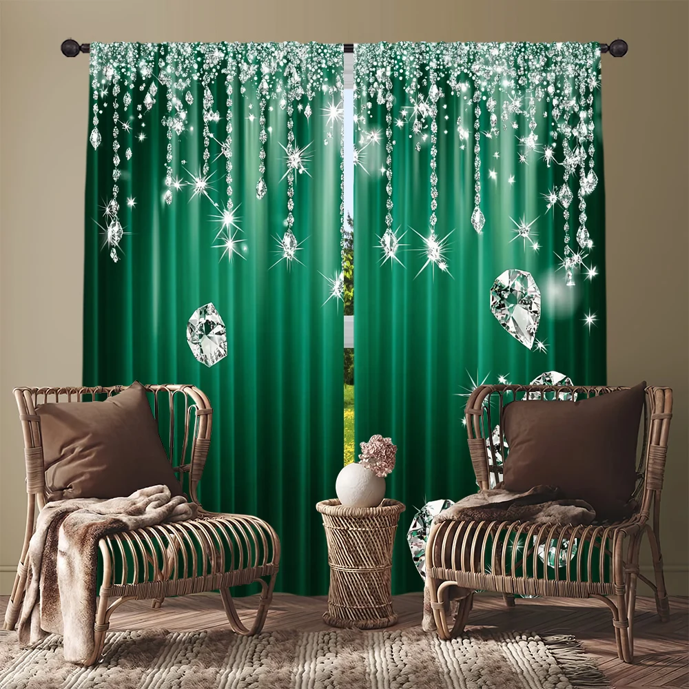 2pcs Emerald Green Curtains Luxury Diamond Glitter Window Drapes Elegant Crystal Sparkle Art Decor Living Room Bedroom
