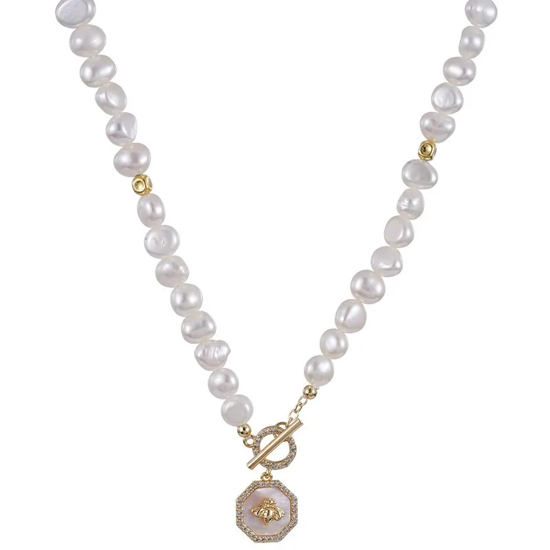 Minar French Irregular Baroque Freshwater Pearl Beads Shell Coin Bee Pendant Necklaces for Women Toggle Clasp Circle Chokers