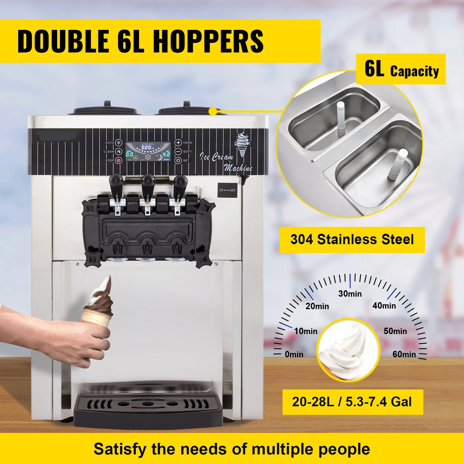 VEVOR التجارية آيس كريم ناعم القوام آلة 18-28L/H مبردات شربات ثلاثية الألوان سطح المكتب الحلو مخروط معدات التجميد آلة بيع #5