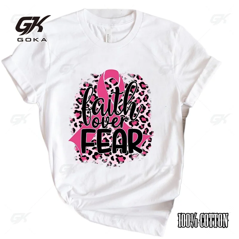 Fashion Unisex T-Shirt Breast Cancer Awareness Faith Over Fear Print Designed Summer Tops Tees