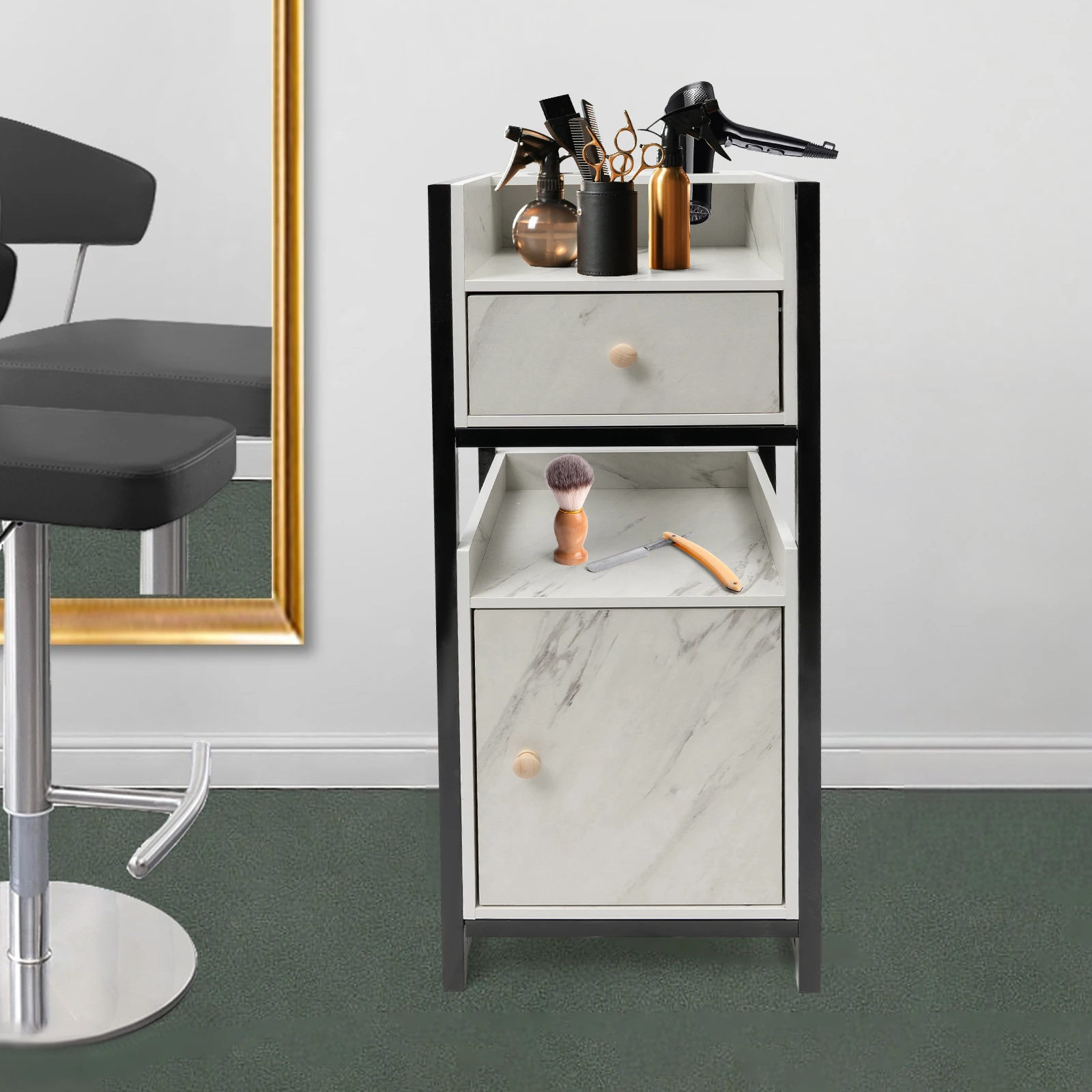 

Salon Trolley Hairdressing Storage Rack Salon Dedicated Vertical Tool with 2 Shelves & Hair Dryer Holder