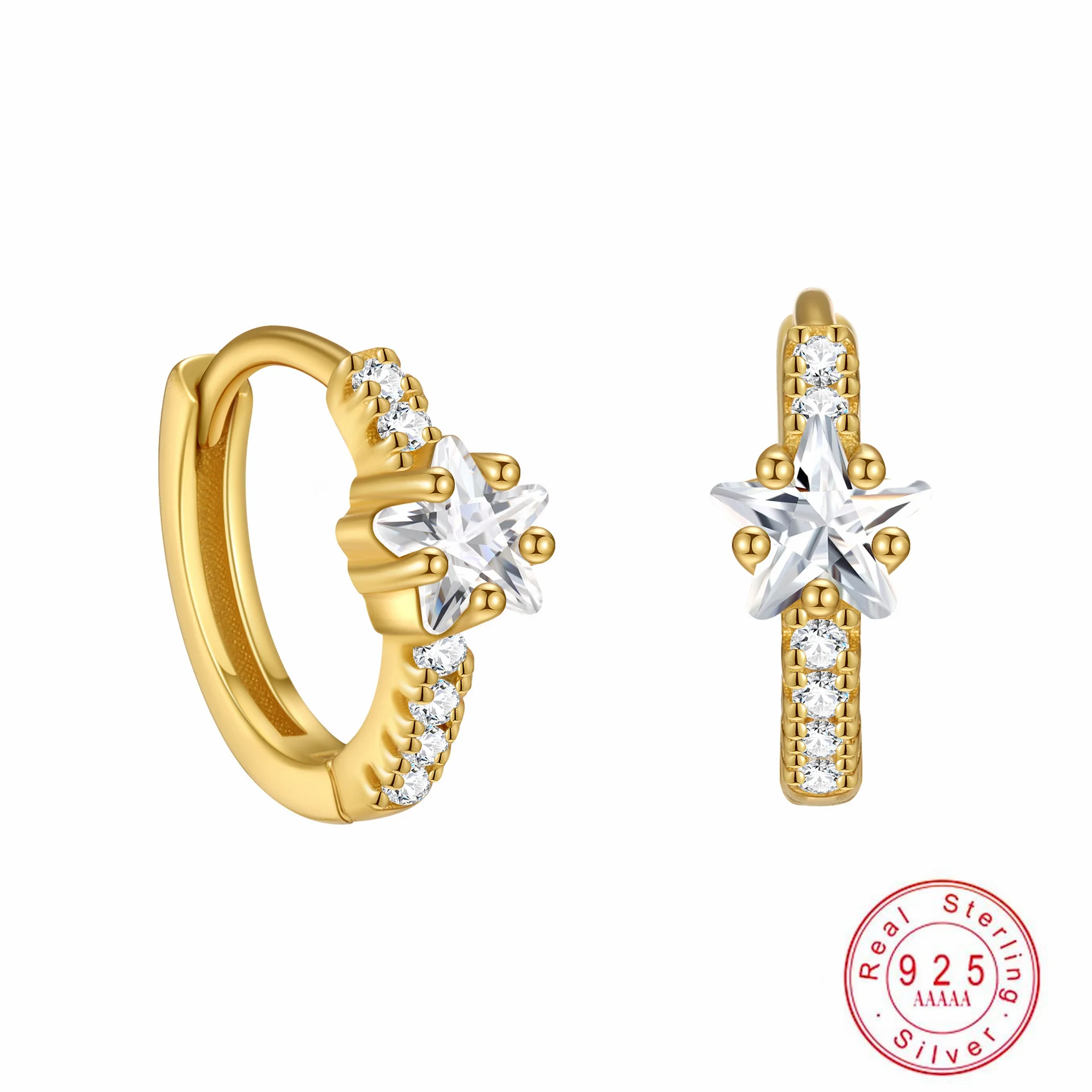 

S925 Sterling Silver Inlaid Zircon Star Earrings Light Luxury Fashionable Electroplated K Gold Wedding Party Earrings