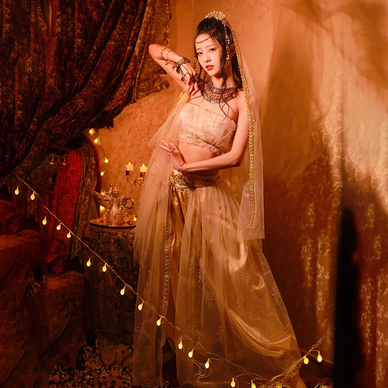 

Chinese Dunhuang Pricess Cosplay Costume Women Hanfu Oriental Traditional Dance Wear Stage Performance Outfit Tube Top Pants