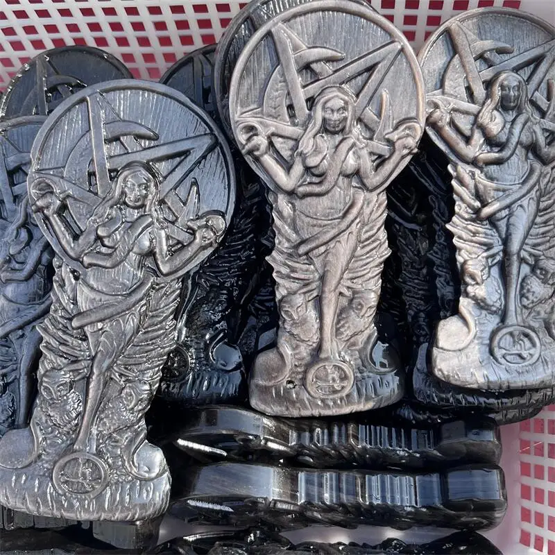 Natural Silver Obsidian Female Demon Carving Healing Reiki Halloween Gift Festival Craft For Decoration 1pcs