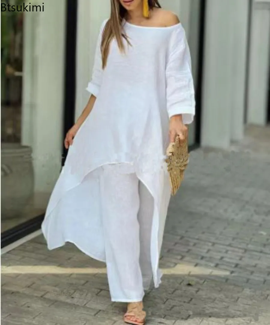 2024Women's 2Piece Set African Clothes Women Outfits Cotton Linen Suit Long-Sleeved Top Pants Oversize Trousers Casual Party Set