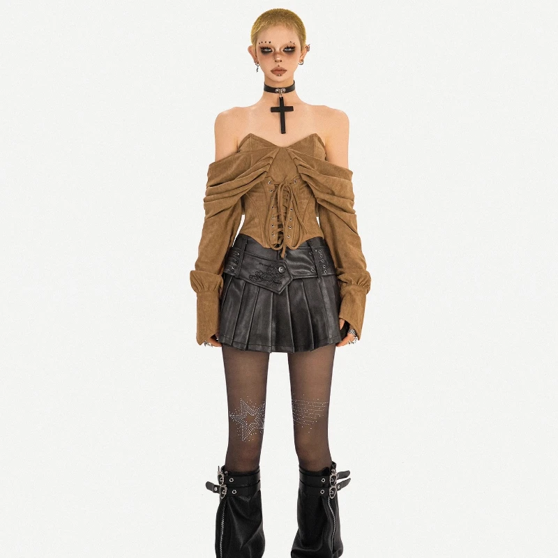 Gothic Retro Hot Girl Sexy Off-Shoulder Fishbone Women's Tube Top 2025 Autumn New Design Tie Slimming Long Sleeve Shirts Ladies