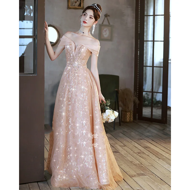 Temperament Off Shoulder Evening Dress Sweet Beaded Applique Graduation Dresses Long A-Line Backless Sequin Tulle Prom Gown