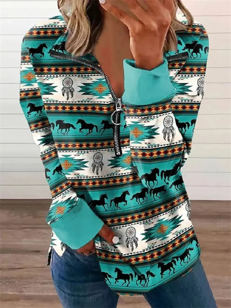 Women Western Style Sweatshirt Lapel Zipper Splicing Hoodie Autumn Winter Casual Vintage Geometry Print Long Sleeve Female Tops