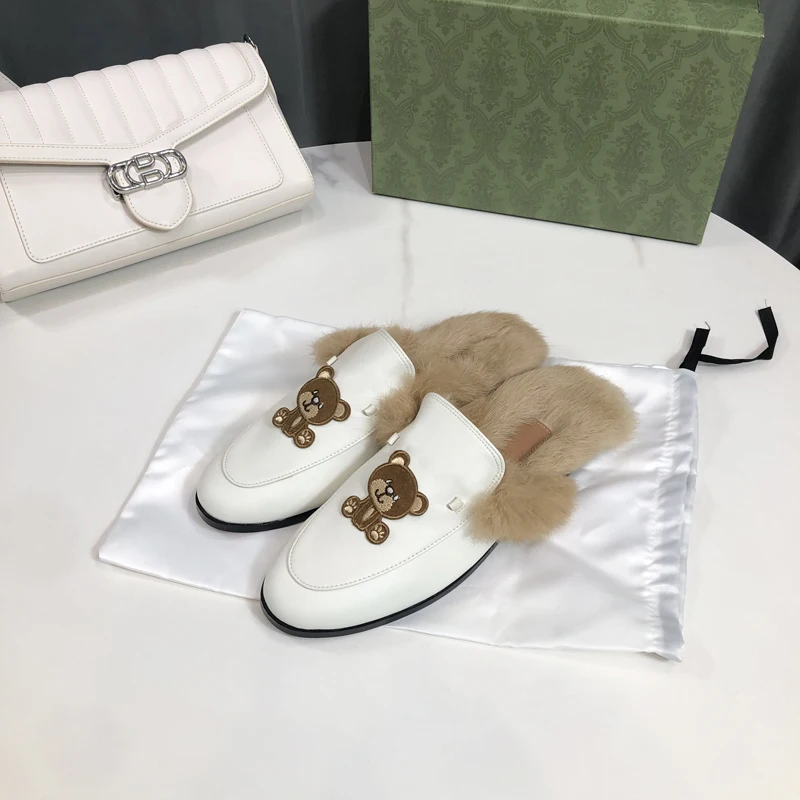 Bear Embroider Real Fur Mullers Sandals Slippers Women leather Furry Flat Shoes Backless Slip on Loafers Ladies Outdoor Slides