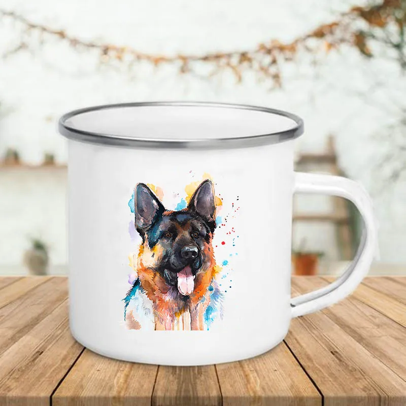 

Watercolor Dog Printed Creative Coffee Cup Drinks Wine Beer Juice Milk Cups Camping Mug Handle Enamel Mugs Gifts for Lover Dogs