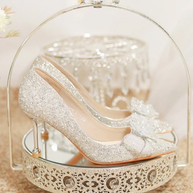 Silver Wedding Shoes Bridal Shoes Master Wedding Dress Engagement Wedding Slippers New Sequins High Heels Women\'s Fine