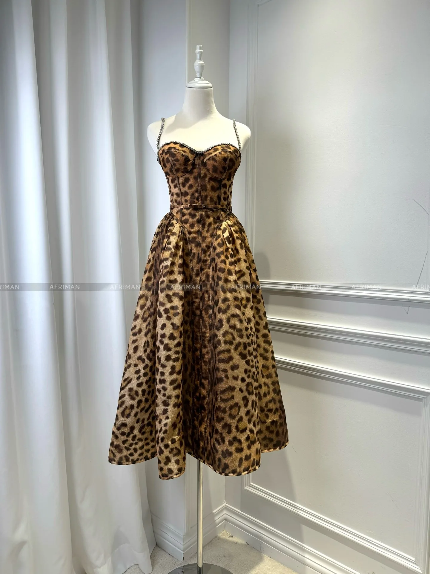 Women Sexy Strapless Diamond Beaded Chest Leopard Print Waist Linen Midi Dress