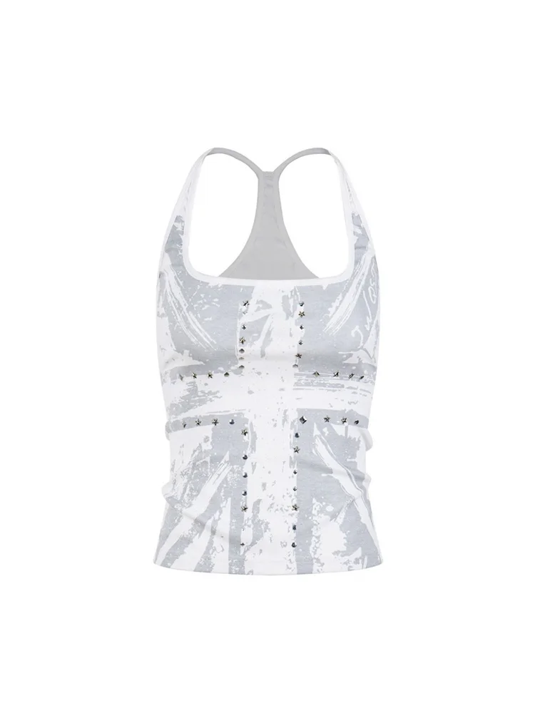 2026 Sommer Damen Punk Rave Festival Distressed Graffiti Print Metall-Stern-Nieten Quadratischer Ausschnitt Racerback Bodycon Crop Tank Top – Detail 9