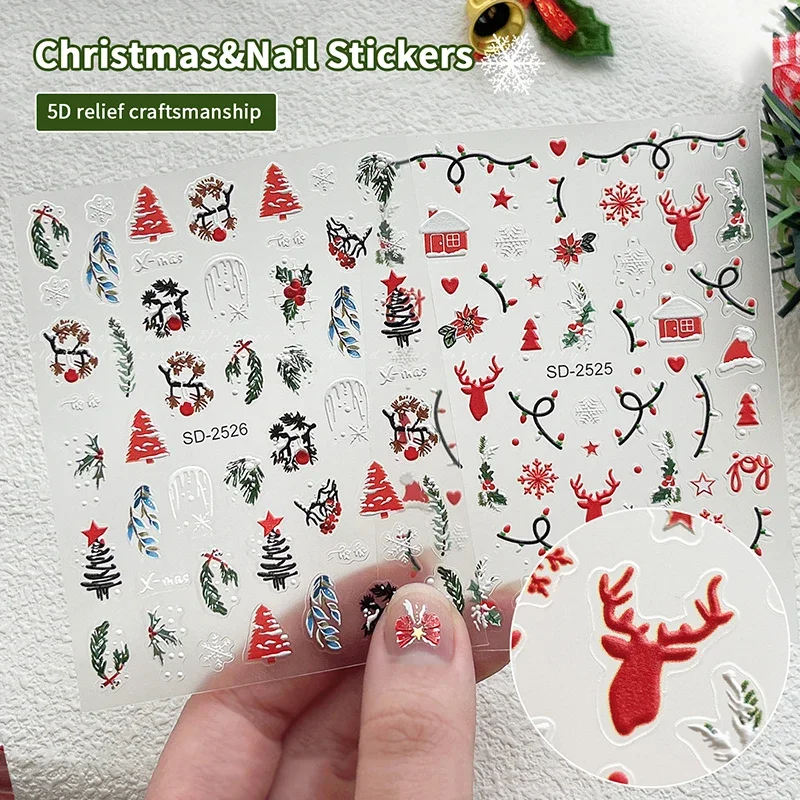 5D Embossed Christmas Nail Stickers Christmas Tree, Snowflakes, Elk, Snowman Nail Decal Autumn Winter Nail Supplies Decoration