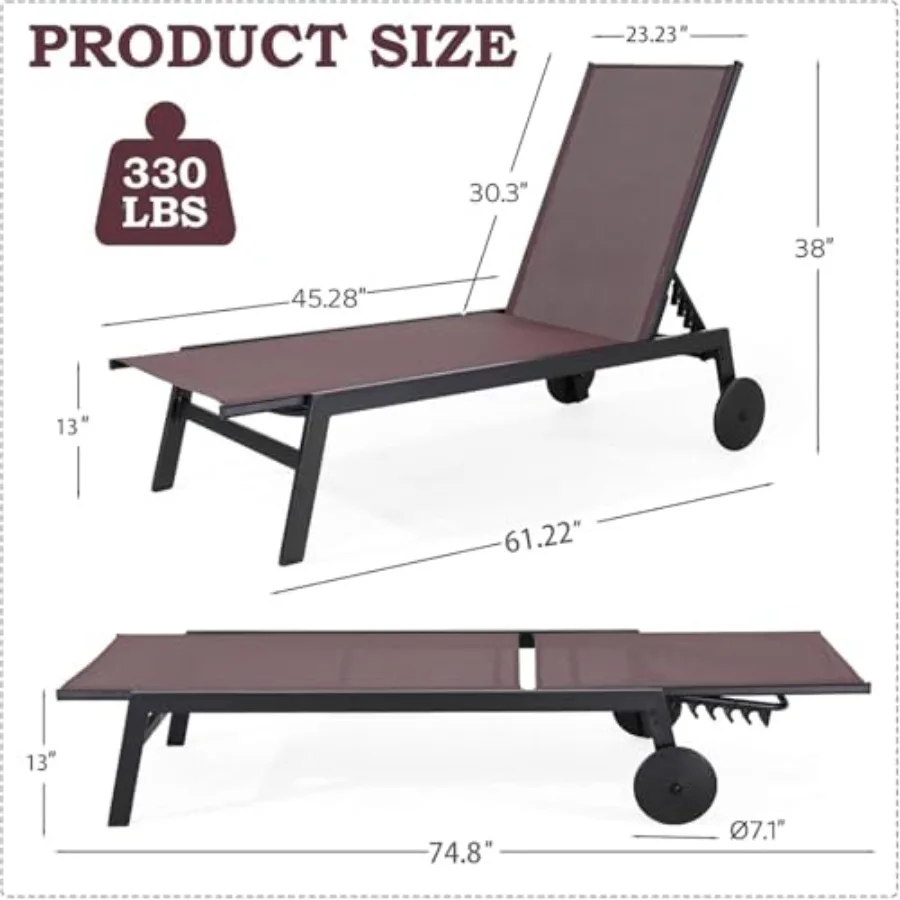 Patio Chaise Lounge Chair Set of 2 with Wheels, Outdoor Lounge Chairs with Adjustable Backrest, Waterproof Poolside Lounge Chai