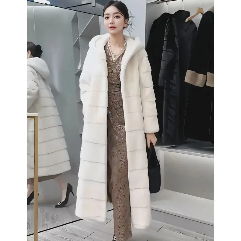 Winter Female Hooded Long Mink Fur Coat 2025 Ladies Large Size 5XL Faux Fur Jacket Middle Aged Mother Long Sleeves Plush Outwear