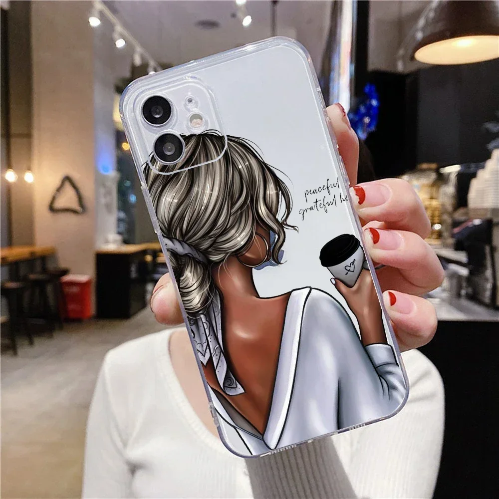 Fashion Girls Coffee Transparent Phone Case for iPhone 16 15 14 13 12 11 Pro Max Plus Mini High Heel Cover Clear Fundas Shells