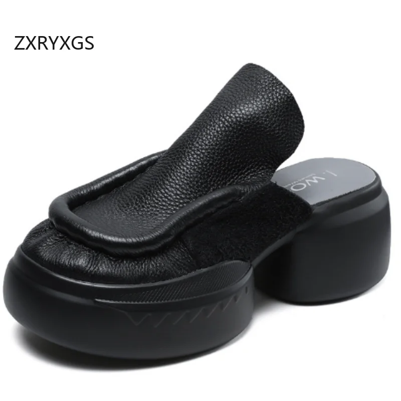 ZXRYXGS Retro Style Women Genuine Leather Slippers Outside Shoes Platform High Heel Sandals Height Increase Slippers Summer 2025